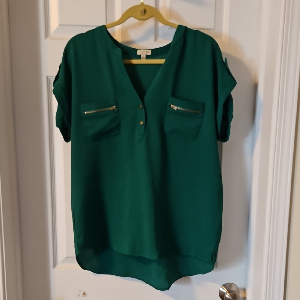 R Lily White Emerald Green Blouse with Zipper Details Size XL